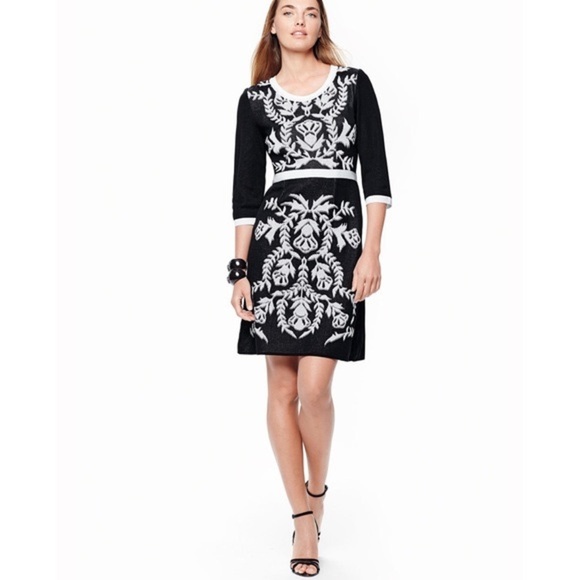 Misook Black & White Knit Dress Medium Embroidered Floral Pattern Work Elegant - Picture 2 of 12